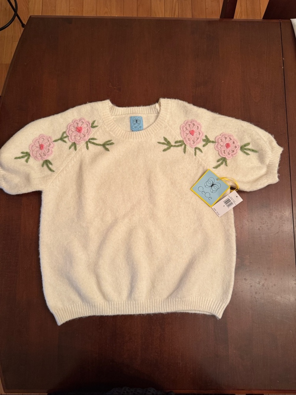 CeCe Cream Short-Sleeve Sweater with Pink Floral Embroidery